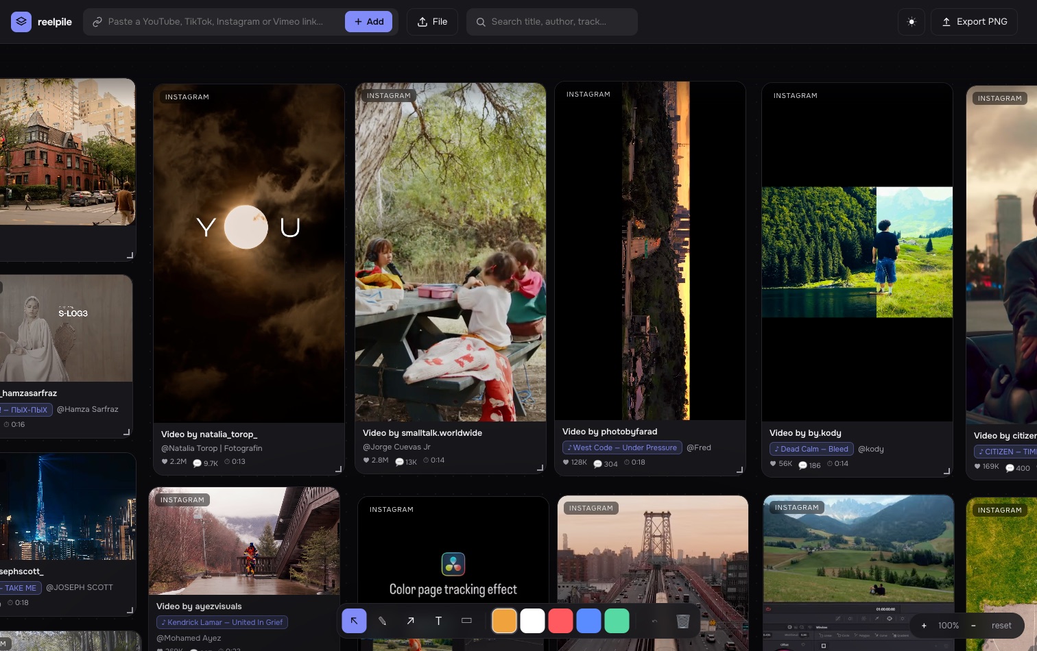 Reel cards from Instagram and TikTok playing side by side on the reelpile canvas.